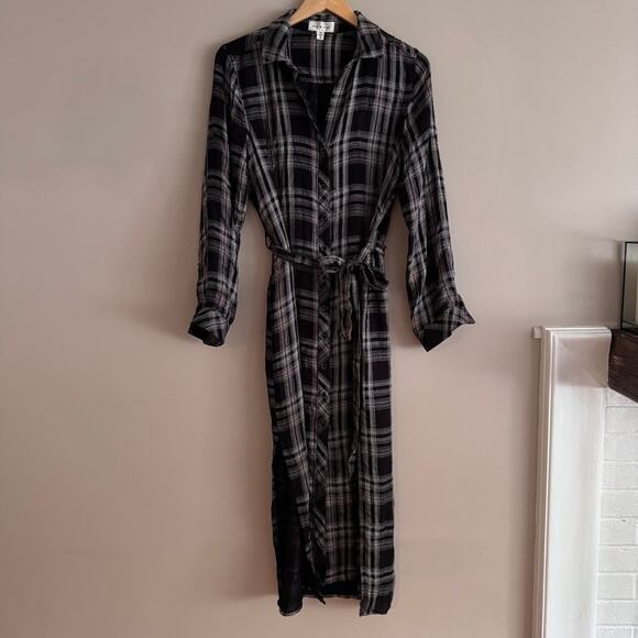 Cloth & Stone Black Long Sleeve Button Front Plaid Belted Shirt Dress Medium - Picture 1 of 8
